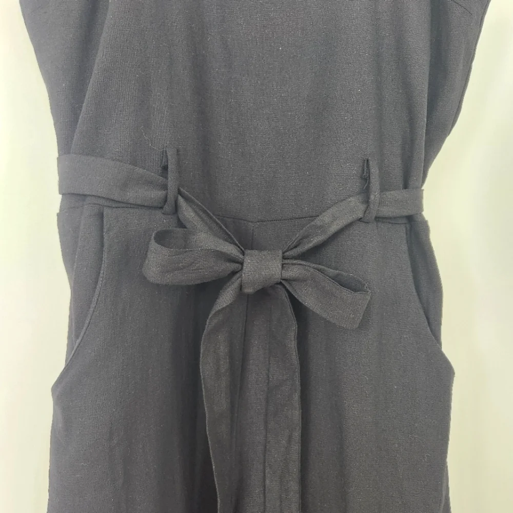 Monteau Black Linen Rayon Blend Tie-Waist V-Cutout Back Cropped Jumpsuit Size L - Picture 3 of 11